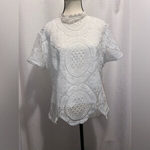Women Ultra Pink short sleeves all over lace crochet scallop hem white top Sz XL